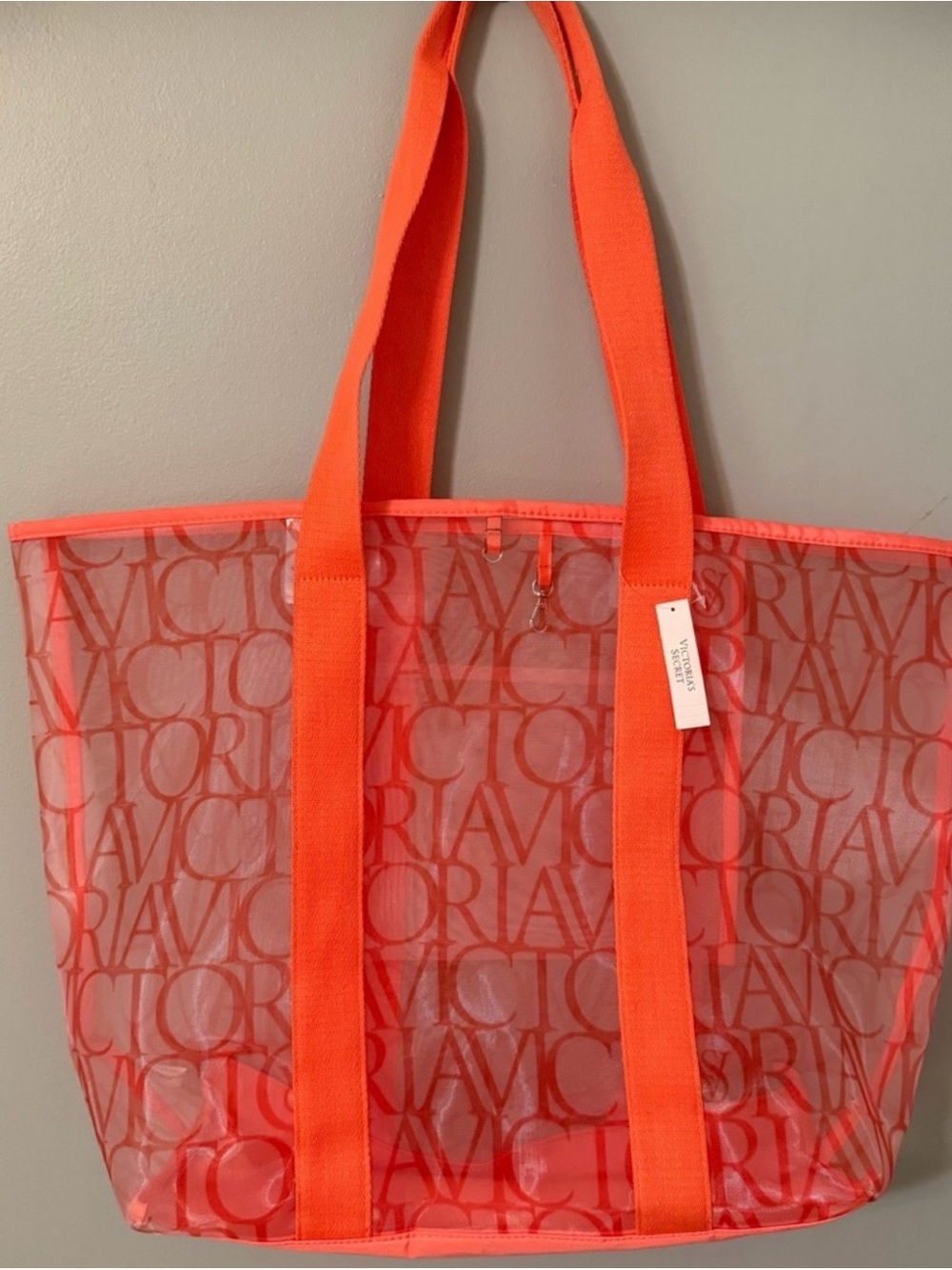 Victoria's Secret Neon Coral Logo Mesh Beach Tote NWT